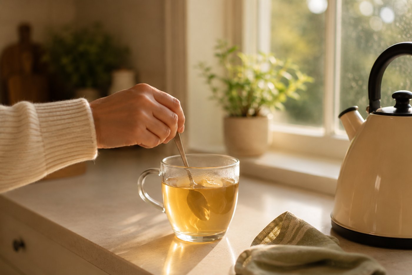Morning light on a cup of tea being stirred
